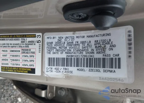 2007 Toyota Corolla Le from USA, damaged, VIN 1NXBR32E17Z861341